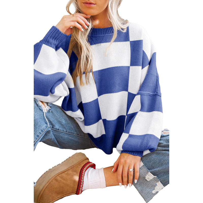 Pull oversized pour femmes à motif écossais et manches volumineuses Chic und Stil