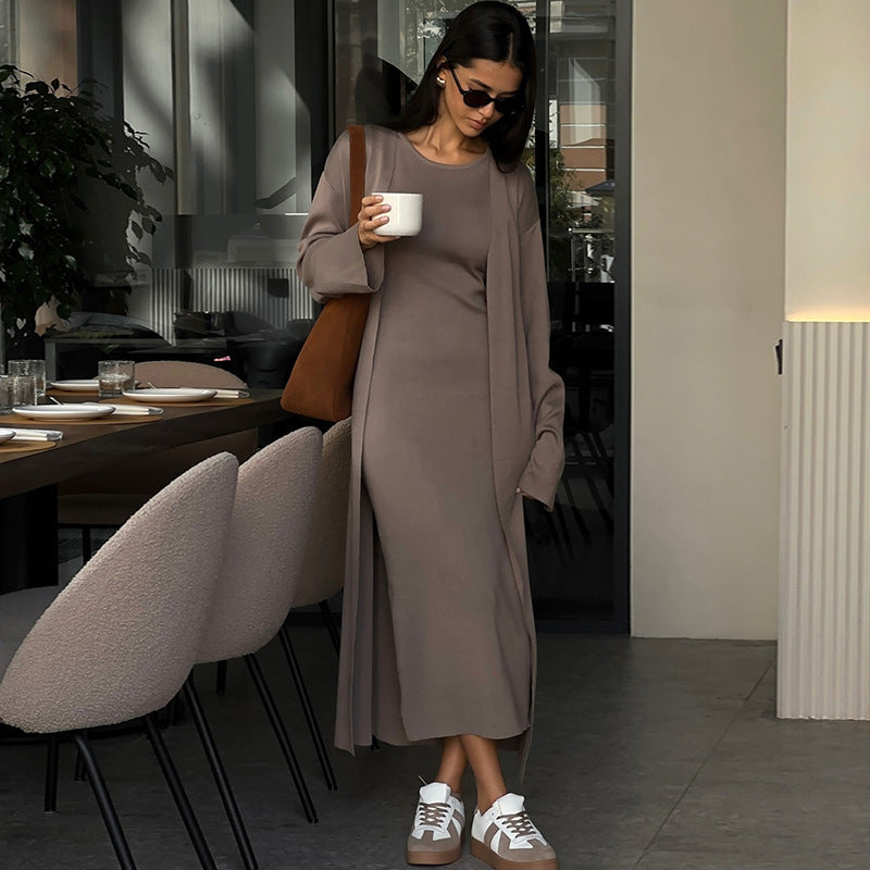 Dames élégant robe maxi avec manteau oversized assorti Chic und Stil