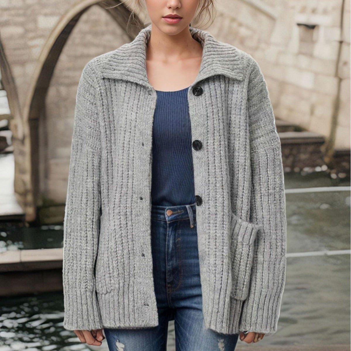 Dame cardigan avec col montant et fermeture à bouton Chic und Stil
