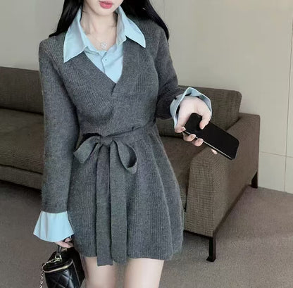 Robe en tricot élégante pour femmes avec ceinture cintrée et col original Chic und Stil