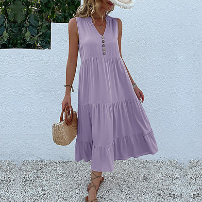 Robe maxi sans manches à volants pour femmes avec détail bouton Chic und Stil