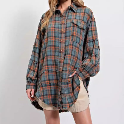 Dames décontractée veste longue à carreaux avec de larges manches Chic und Stil