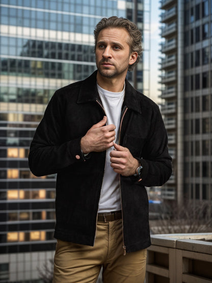 Chic and casual suede jacket for men with stand-up collar Chic and Style