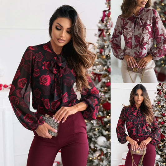 Blouse transparente dames avec design floral et col en nœud élégant Chic und Stil