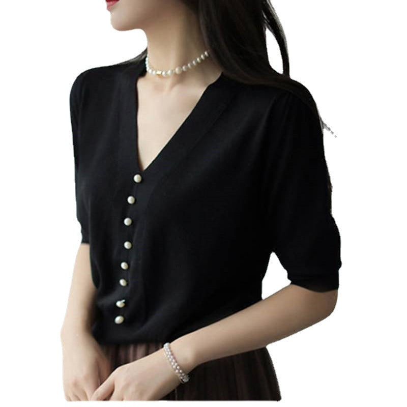 Blouse à col en V à boutons pour femmes avec perles décoratives Chic und Stil