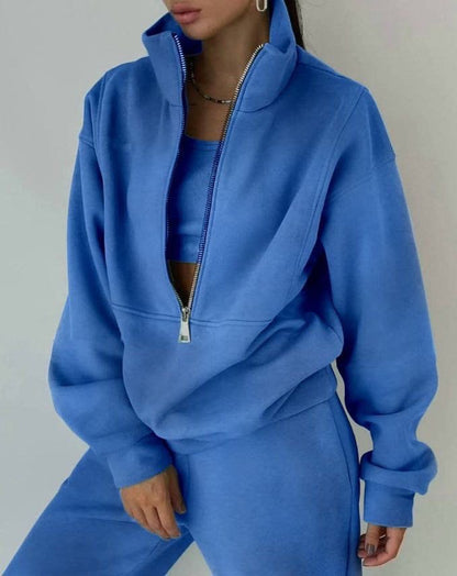 Dames Pull zippé de haute qualité avec col haut et intérieur doux Chic und Stil