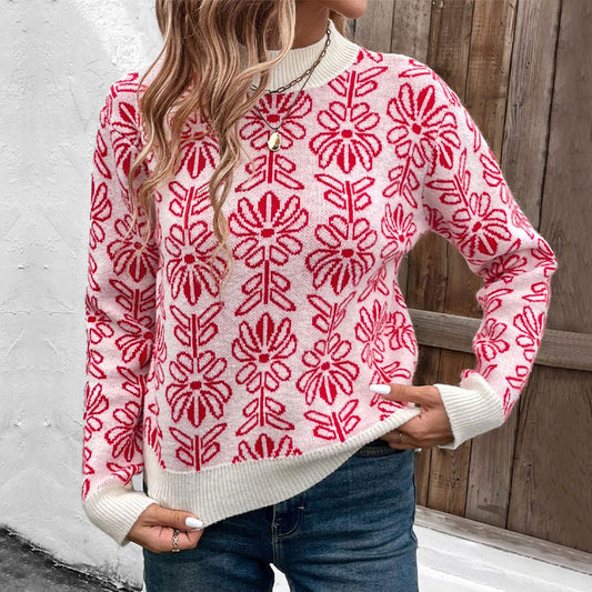 Pull en tricot pour femmes avec des motifs floraux et un élégant col montant Chic und Stil