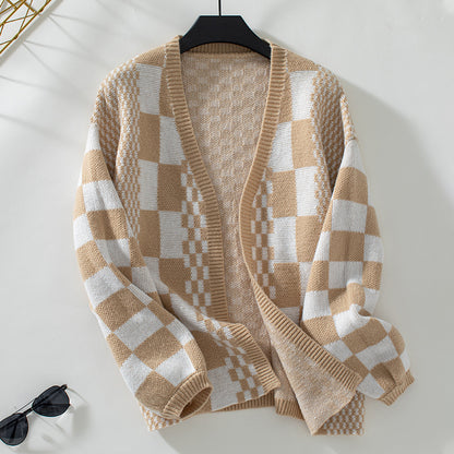Cardigan décontracté pour femmes à motif à carreaux tendance Chic und Stil