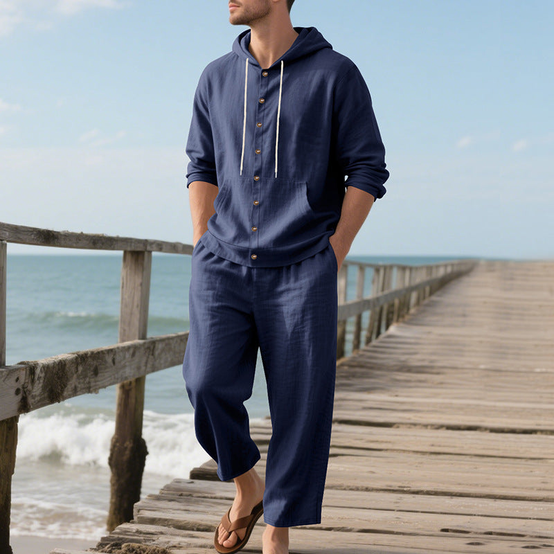 Homme pull à capuche confortable avec patte de boutonnage et pantalon décontracté Chic und Stil