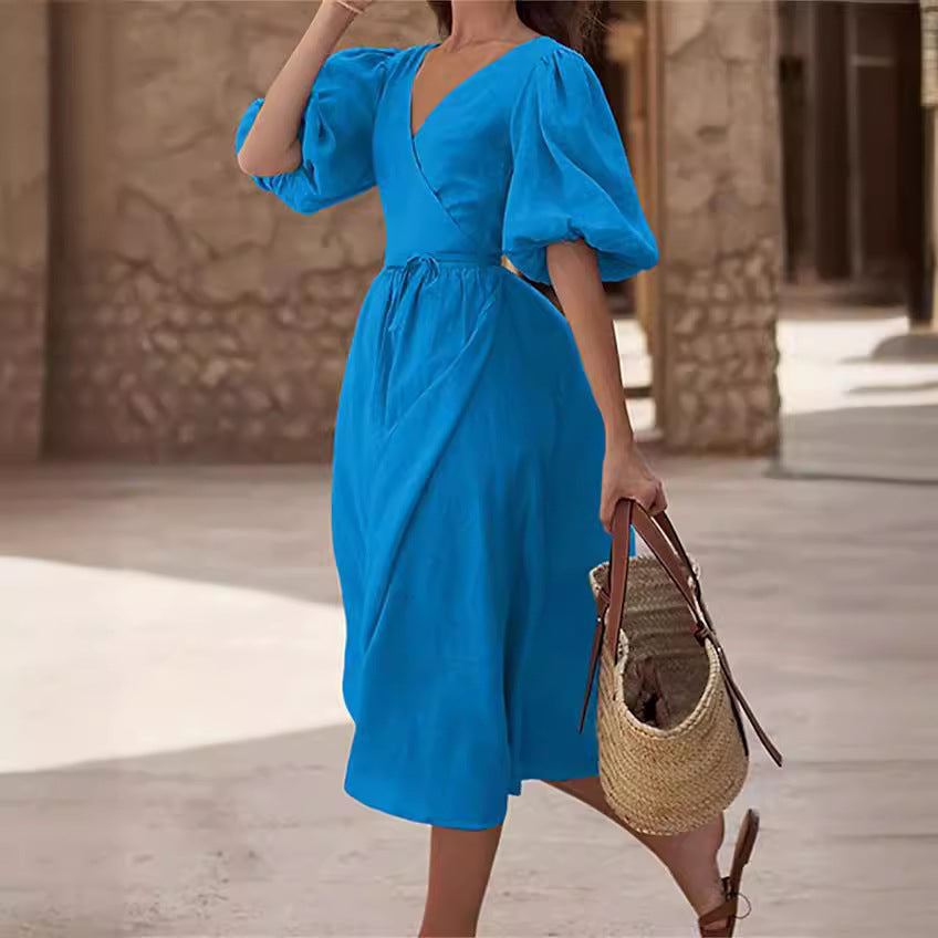 Robe maxi portefeuille pour femmes avec des manches bouffantes et une ceinture à nouer Chic und Stil