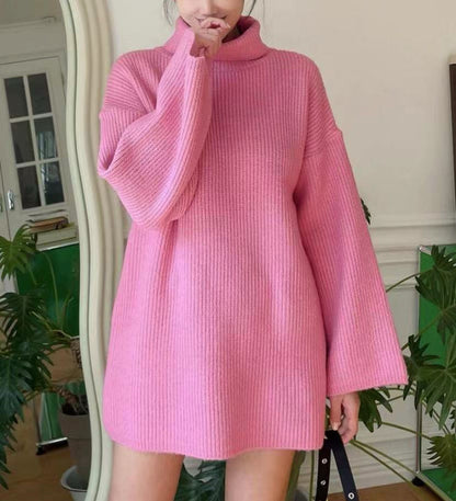 Dames Pull en tricot long avec col montant et manches évasées Chic und Stil