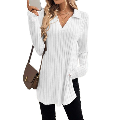 Trendy women's V-neck pullover shirt with collar Chic and Style