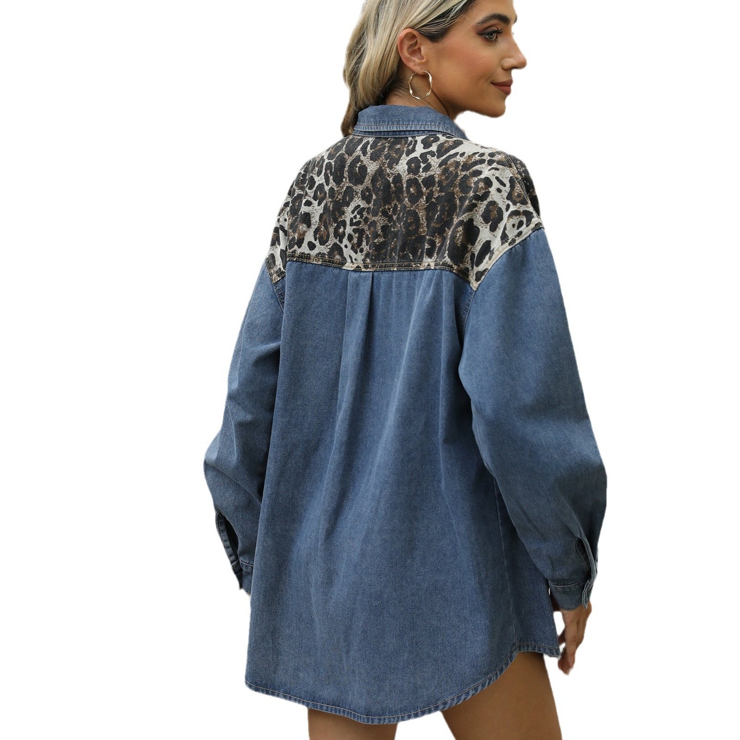 Women's Oversized Denim Shirt with Leopard Print Chic and Style