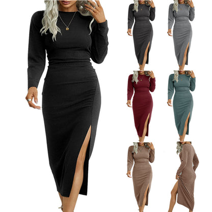 Dames Élégante Robe Midi à Manches Longues avec Fente Latérale et Design Froncé Chic und Stil