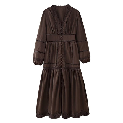 Robe maxi femme avec des détails en volants élégants et un décolleté en V féminin Chic und Stil
