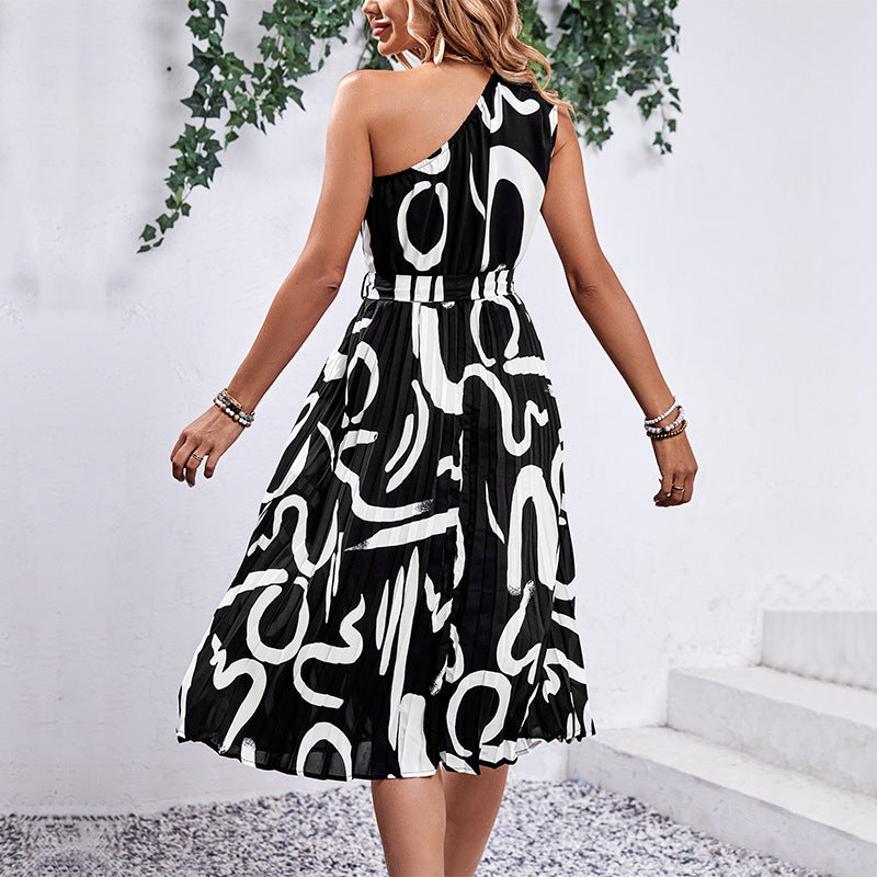 Femme Robe Midi Imprimé Abstrait avec Ceinture Réglable Chic und Stil