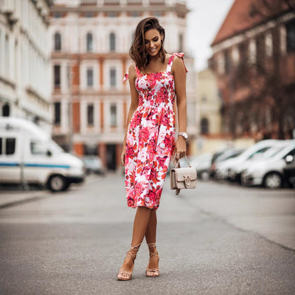 Robe d'été smockée à motif floral pour femmes avec bretelles réglables Chic und Stil
