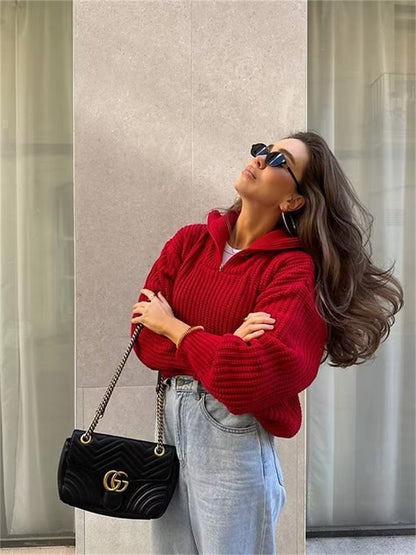 Pull femme en tricot épais avec col montant et fermeture éclair Chic und Stil