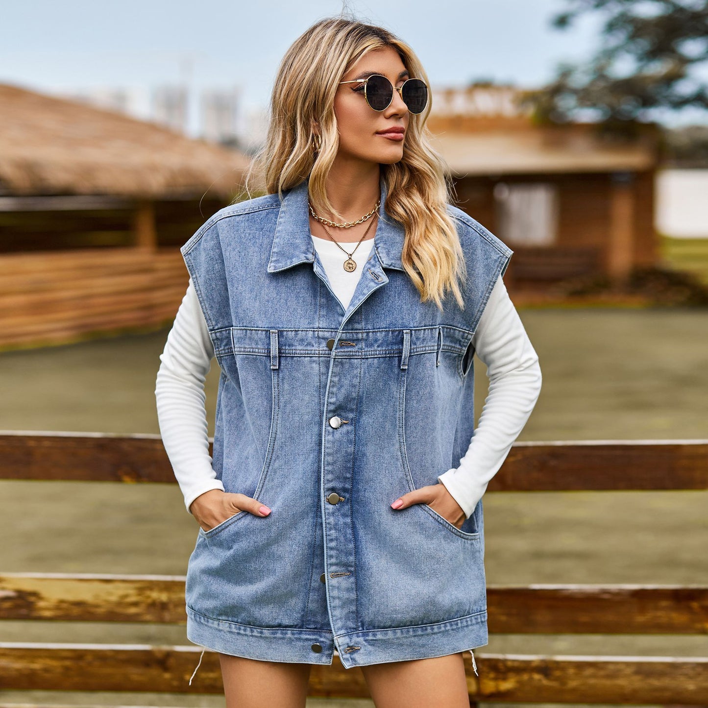 Dames gilet en denim au style oversized moderne avec poches pratiques Chic und Stil