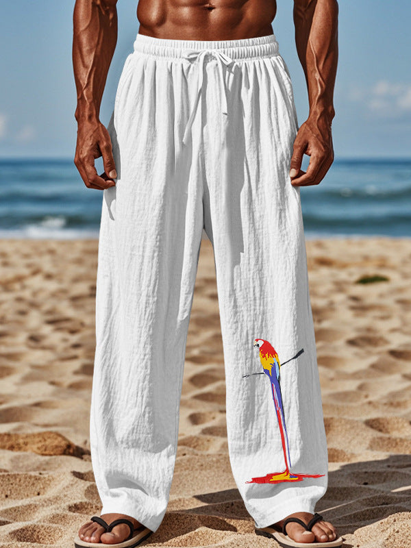 Light beach pants for men with colorful parrot design Chic and Style