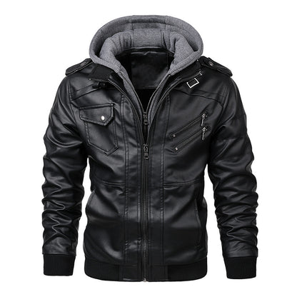 Synthetic leather jacket for men with removable hood and practical pockets Chic and Style