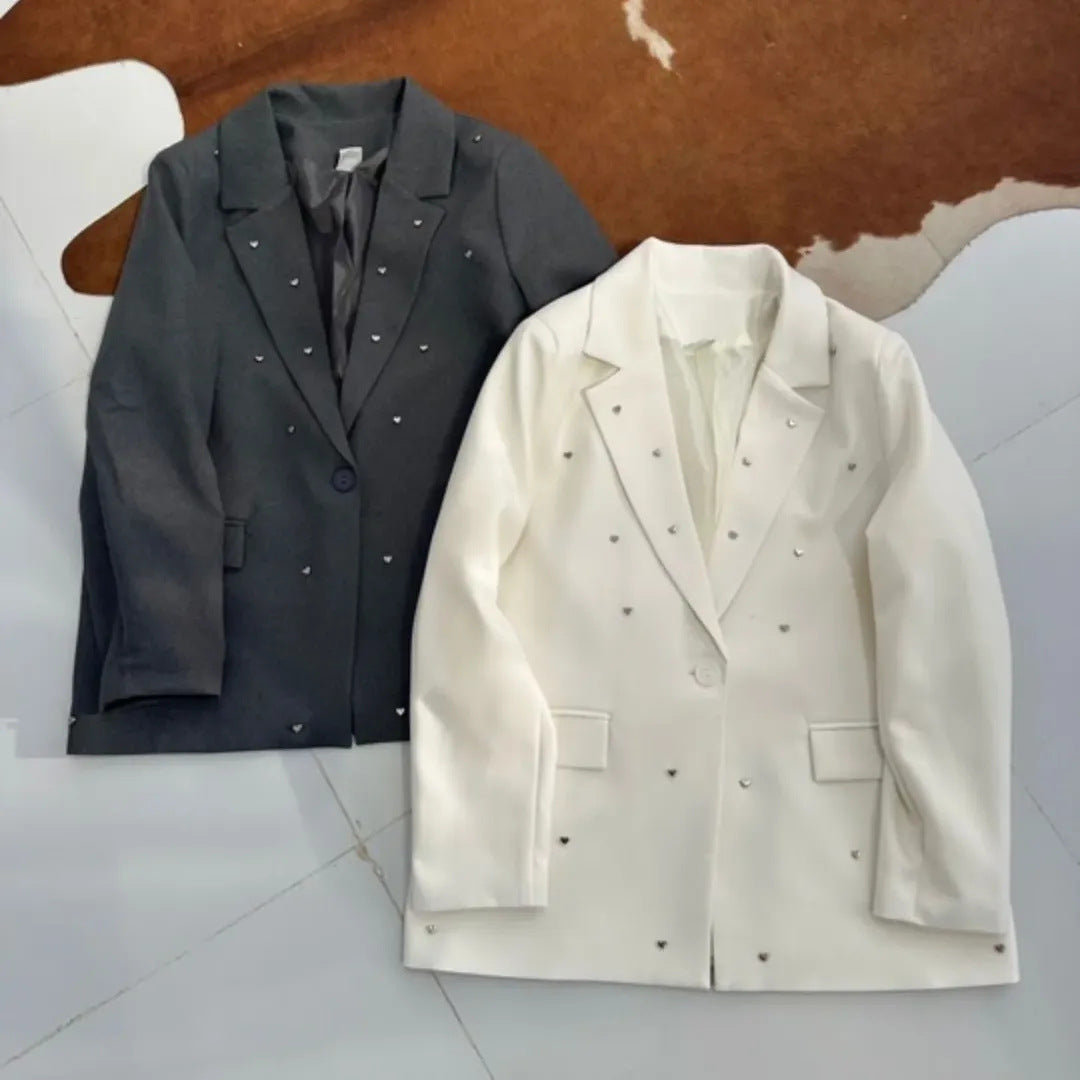 Dames Élégant Blazer Oversize avec Applications en Forme de Cœur Chic und Stil