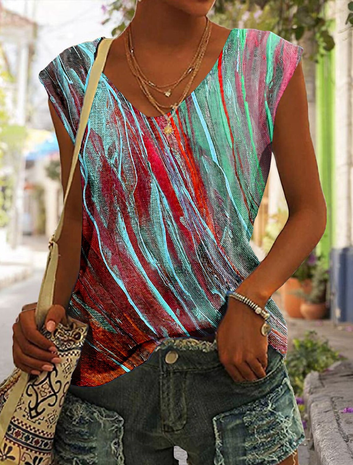 Dames haut à col en V avec motif artistique Chic und Stil