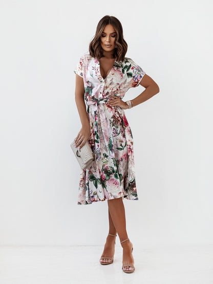 Women's Floral Print Wrap Dress with Butterfly Sleeves Elegant Chic und Stil