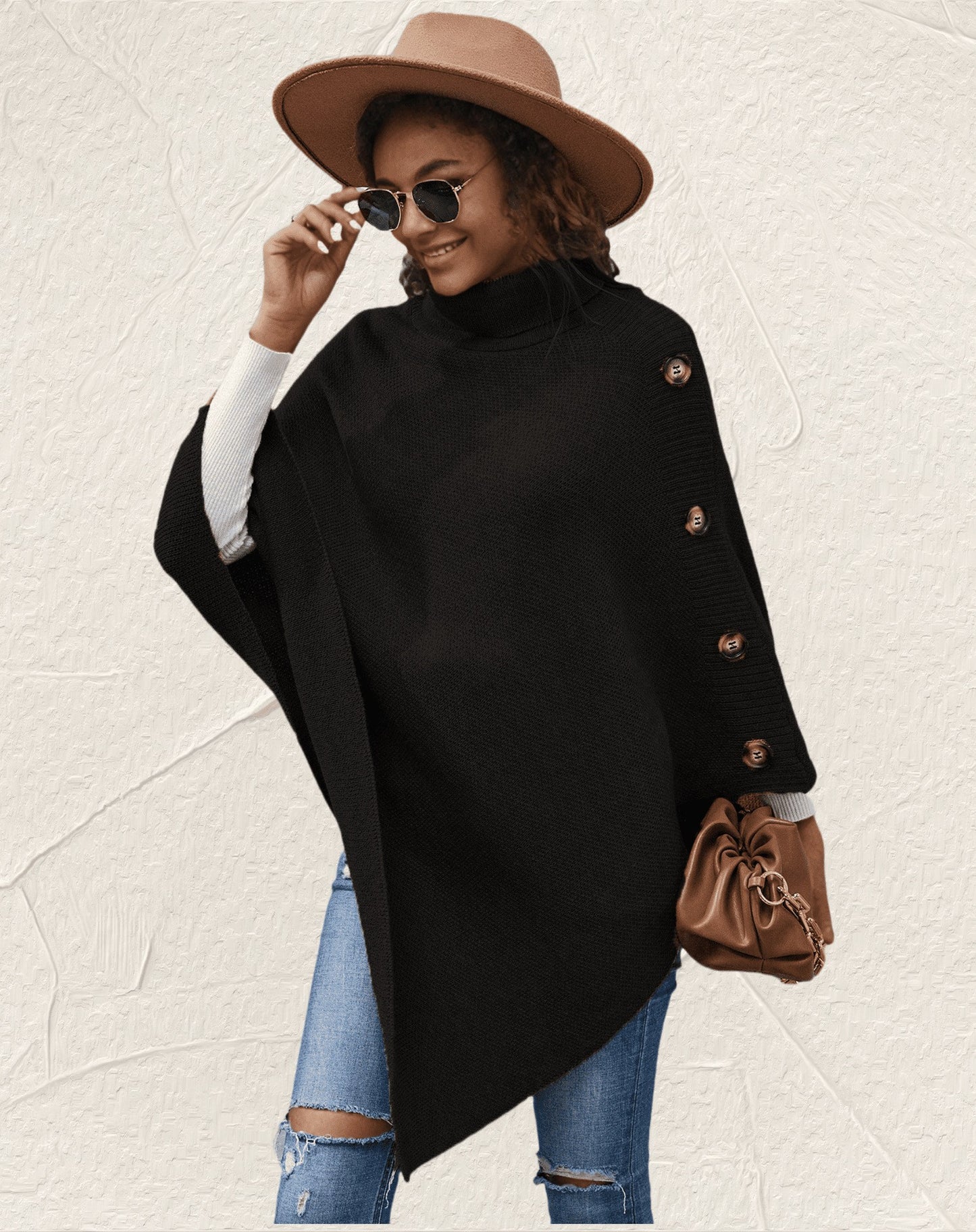 Dames élégante poncho avec col haut et boutons décoratifs Chic und Stil