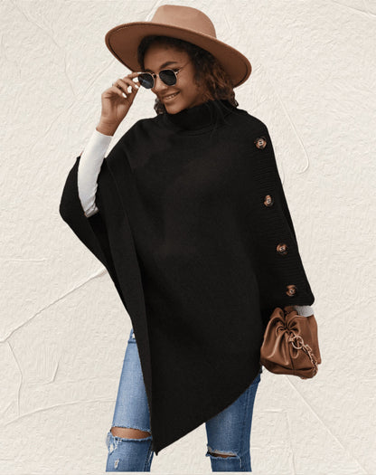 Dames élégante poncho avec col haut et boutons décoratifs Chic und Stil