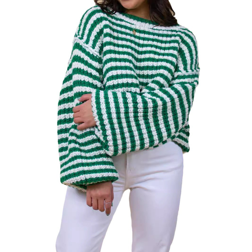 Femmes Pull en tricot court avec des manches évasées et un motif rayé Chic und Stil
