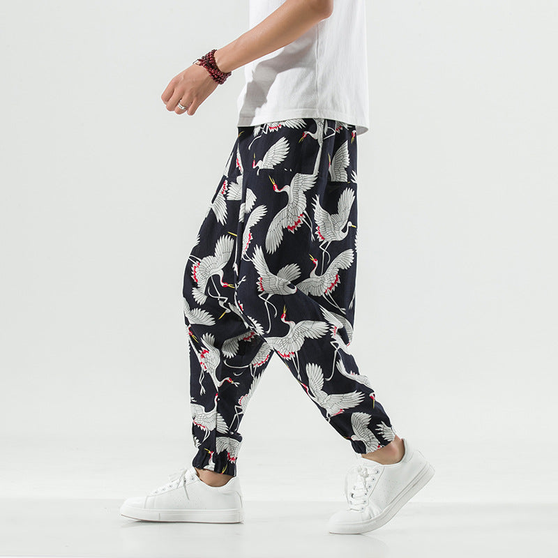 Casual and breathable men's harem pants with a unique crane pattern Chic and Style
