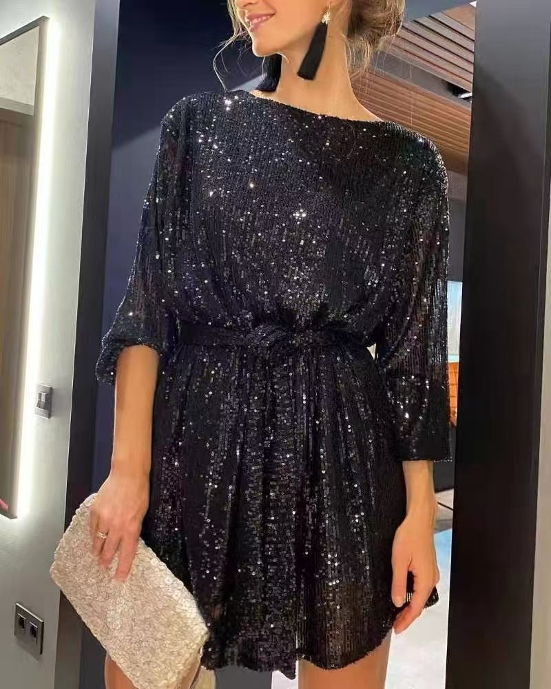Robe mini scintillante pour femmes à manches longues et tissu brillant Chic und Stil