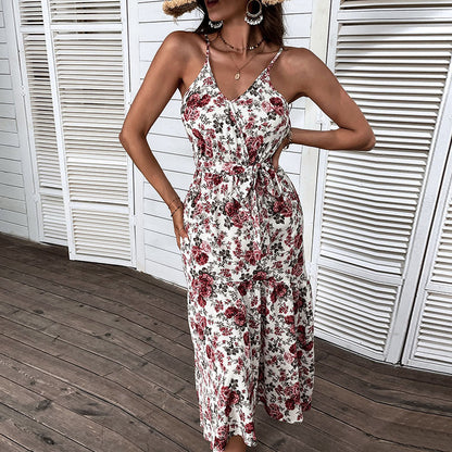Robe midi à imprimé floral pour dames avec ceinture à nouer ajustable Chic und Stil