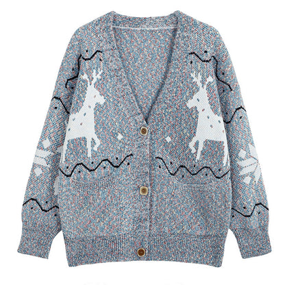 Ladies Comfortable Pullover with Reindeer Pattern and Pockets Chic and Style