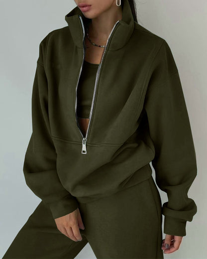 Dames Pull zippé de haute qualité avec col haut et intérieur doux Chic und Stil