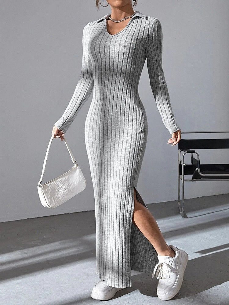 Robe côtelée à manches longues pour femmes avec fente et col Chic und Stil