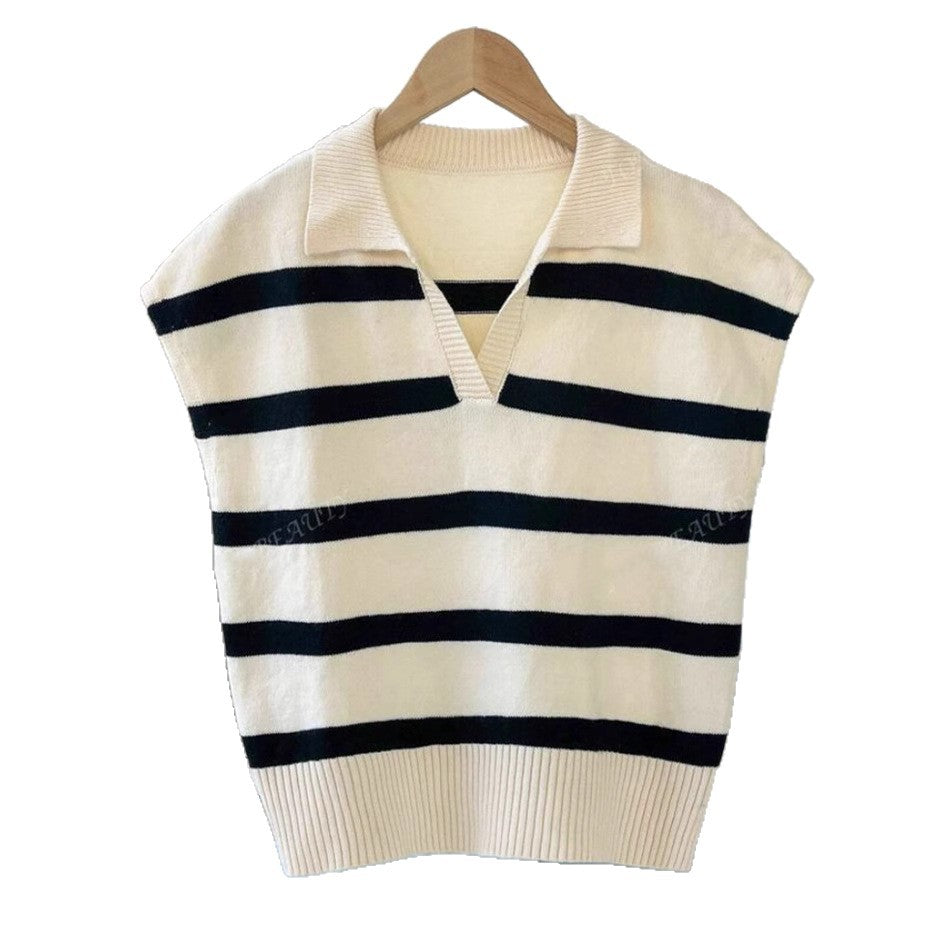 Femmes Pull court à manches courtes rayé avec col polo Chic und Stil