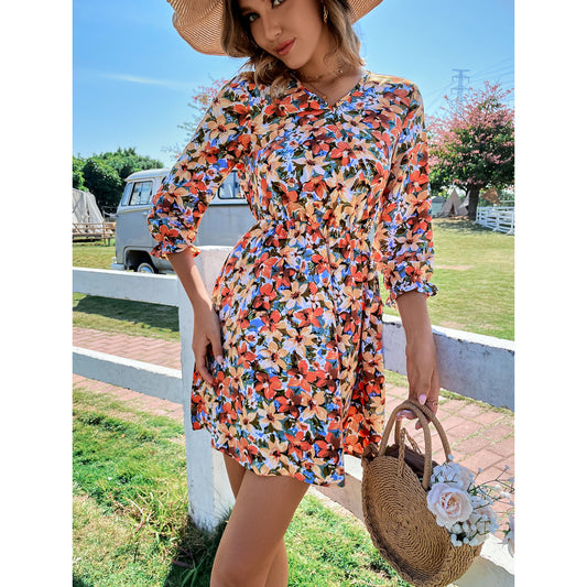 Robe fleurie pour femmes avec élastique continu et élégantes manches 3/4 Chic und Stil
