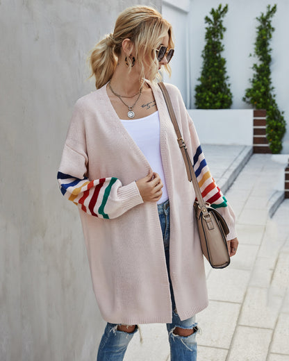 Dames Cardigan en tricot ouvert avec des rayures colorées sur les manches Chic und Stil