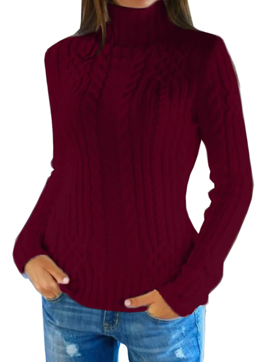 Dames Pull en tricot de haute qualité avec col montant et motif torsadé Chic und Stil