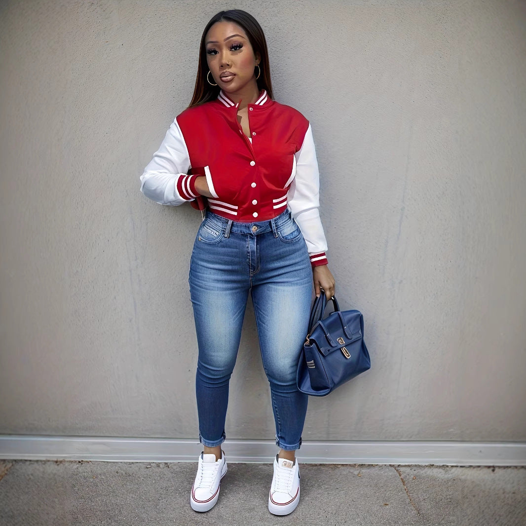 Women's college jacket with contrasting sleeves and a structured collar Chic and Style