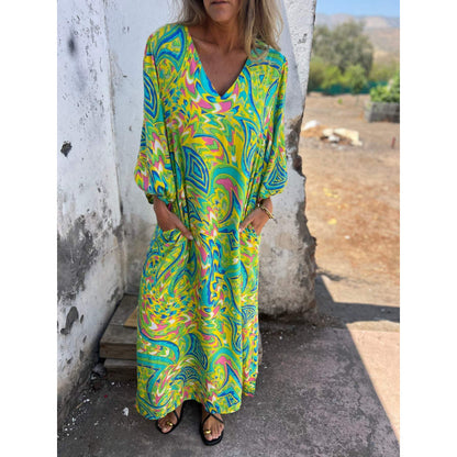 Robe maxi décontractée pour femmes avec décolleté en V et manches volumineuses Chic und Stil