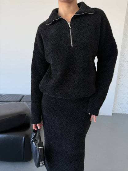 Femme pull en tricot à la mode avec fermeture éclair courte Chic und Stil