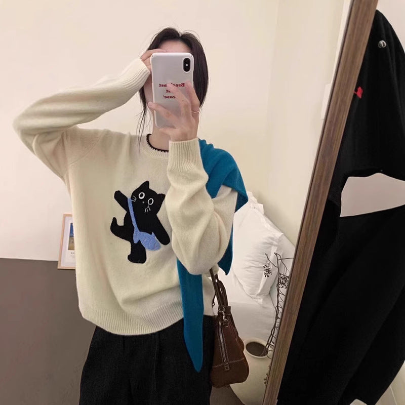 Pull femme en laine douce avec motif de chat Chic und Stil