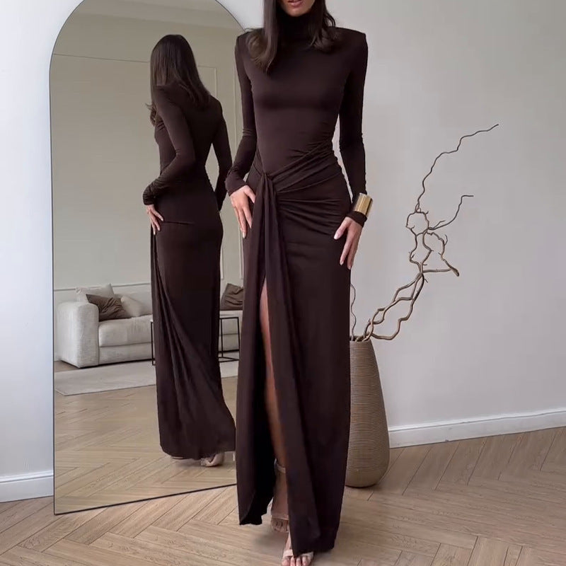 Dames Élégante Robe Maxi avec Plis et Fente Haute Chic und Stil