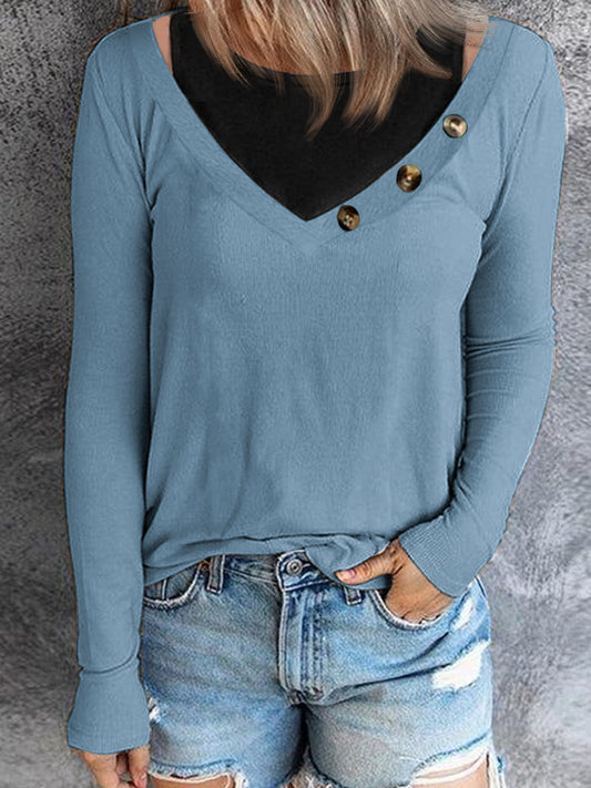 T-shirt à manches longues pour femmes avec décolleté en V et détails de boutons Chic und Stil