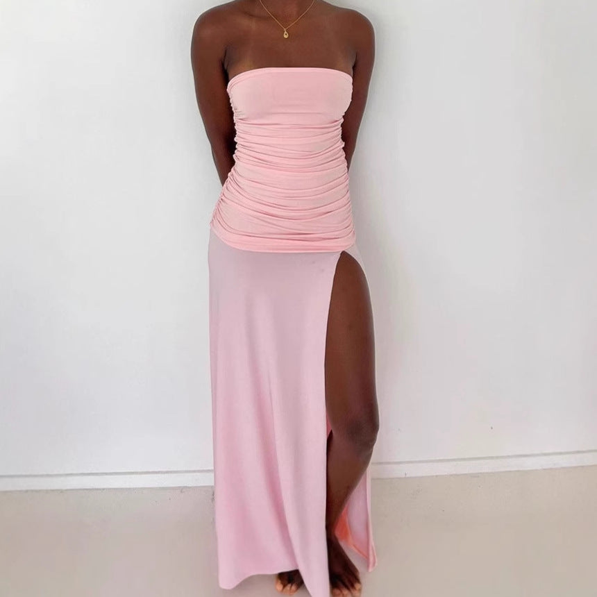 Robe maxi élégante sans manches pour femmes avec fente haute et ruchés Chic und Stil