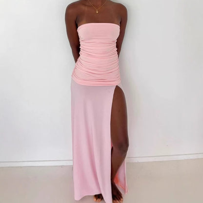 Robe maxi élégante sans manches pour femmes avec fente haute et ruchés Chic und Stil