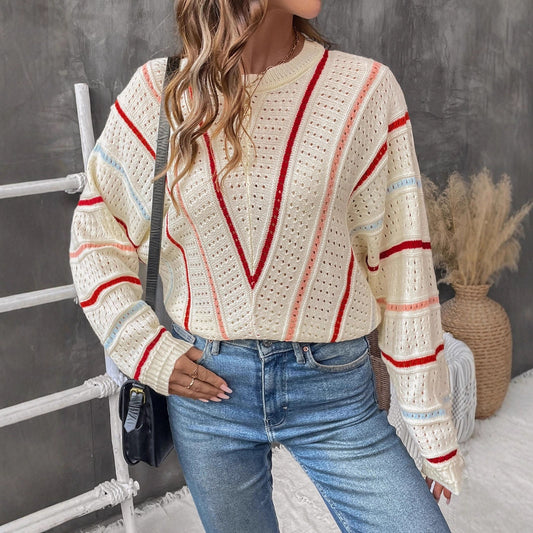 Pull en tricot pour femmes avec un modèle de trou moderne et des rayures décoratives Chic und Stil
